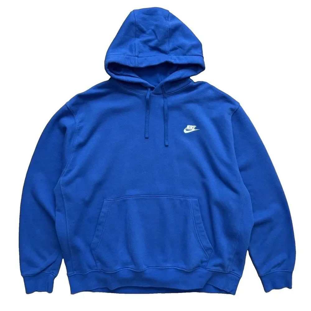 Nike Blue Fleece Pullover Hoodie Men's XXL Logo Drawstring Hooded Pockets